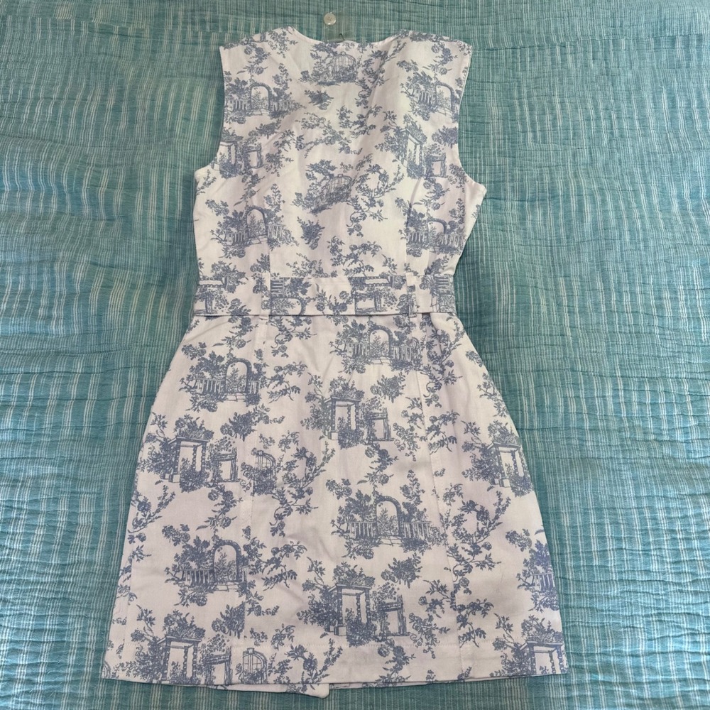 Storia Mini Dress White Blue Toile Print Button Front Belted Sleeveless Small - Picture 3 of 3